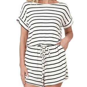 Zenana Small Premium Ivory-Black Stripes Summer Romper with Pockets